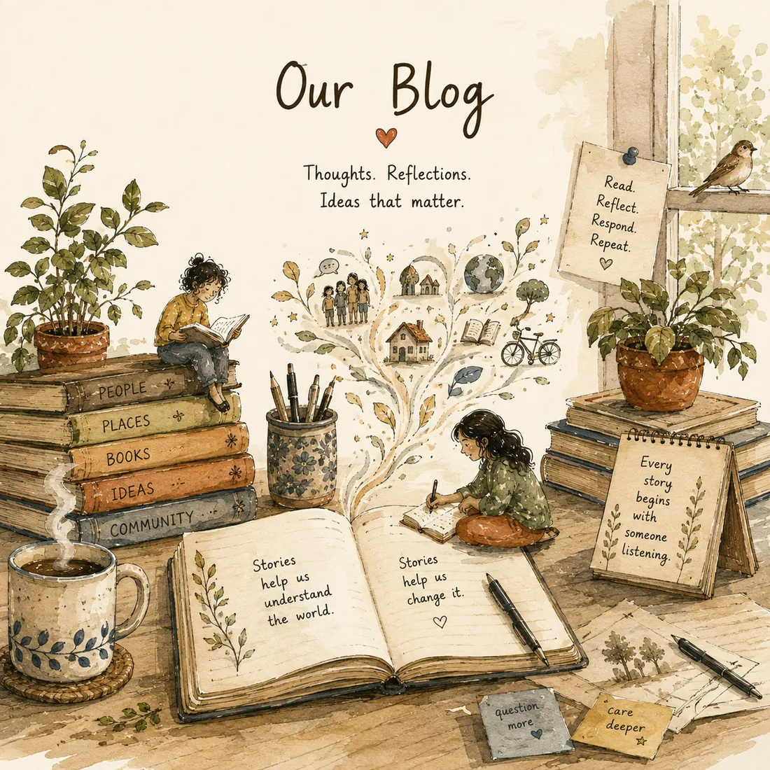 A desk with an open journal, a mug of tea, and stacks of books labelled people, places, books, ideas and community, with a child writing beside a tree of story ideas