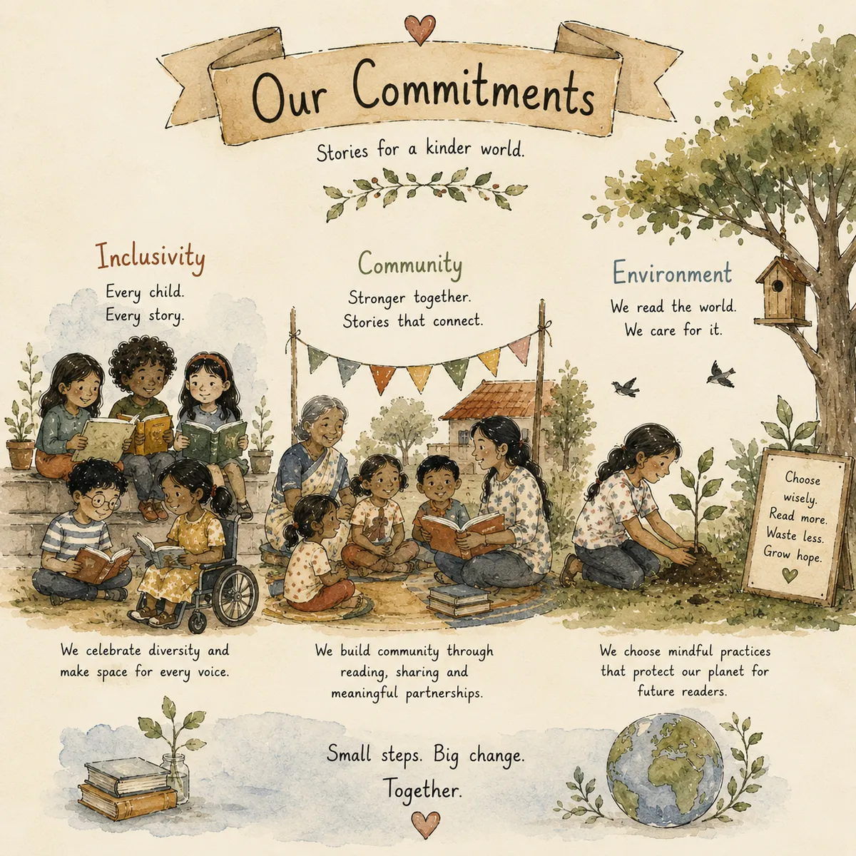 Our commitments illustrated: children of all abilities reading together, a village reading circle, and a child planting a sapling, under the words "Stories for a kinder world."