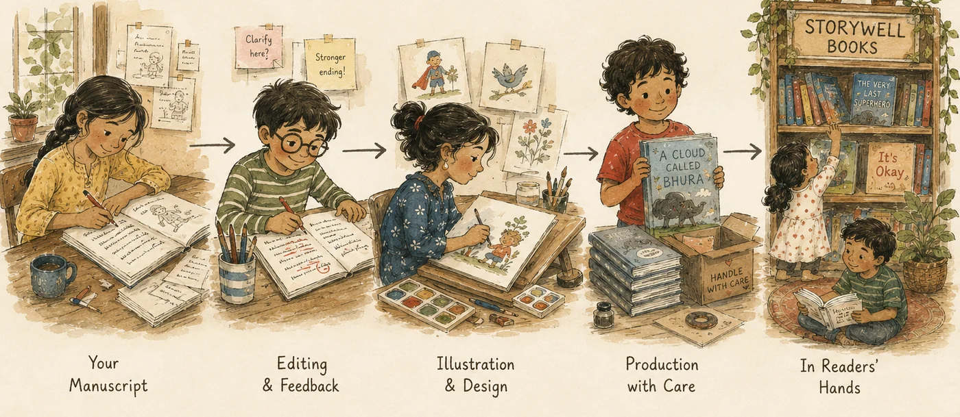 The five stages of publishing with StoryWell Books: your manuscript, editing and feedback, illustration and design, production with care, and books in readers' hands
