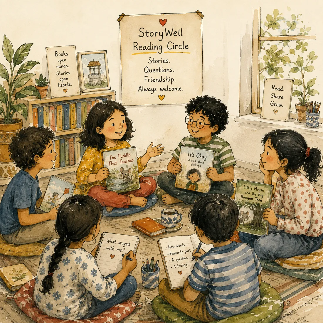 A StoryWell Reading Circle: children sitting on cushions in a circle, holding picture books and writing in notebooks under a poster reading "Stories. Questions. Friendship. Always welcome."