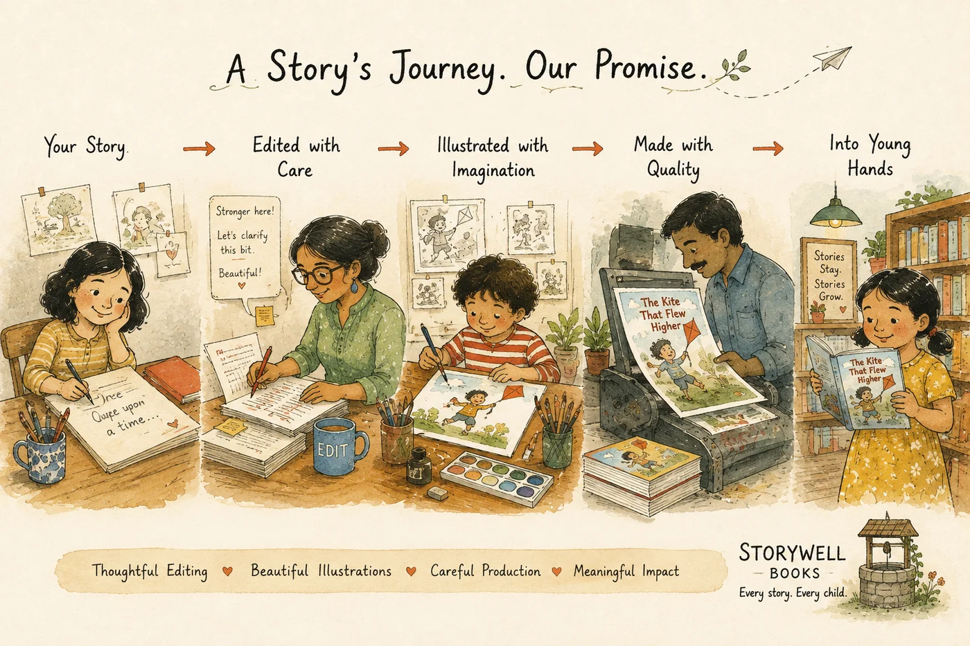 A story's journey at StoryWell Books: your story, edited with care, illustrated with imagination, made with quality, and into young hands