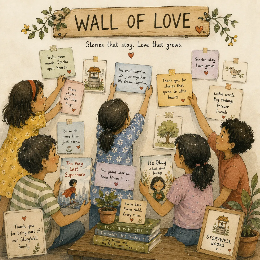 Children pinning handwritten notes to a Wall of Love board under a wooden sign reading "Stories that stay. Love that grows."