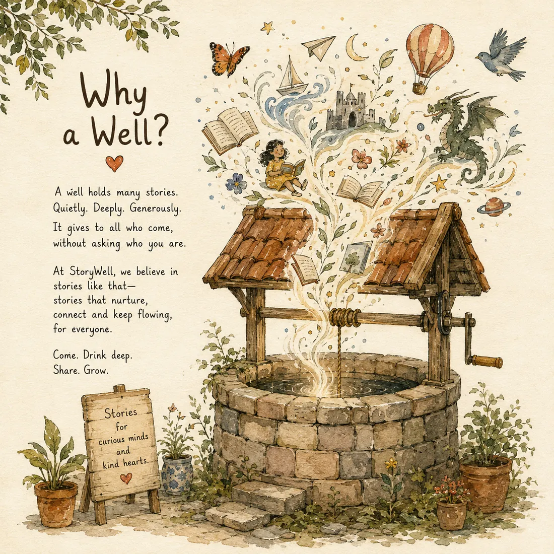 A stone wishing well with stories pouring out of it — books, a sailboat, a castle, a dragon, a hot-air balloon — beside a sign reading "Stories for curious minds and kind hearts."